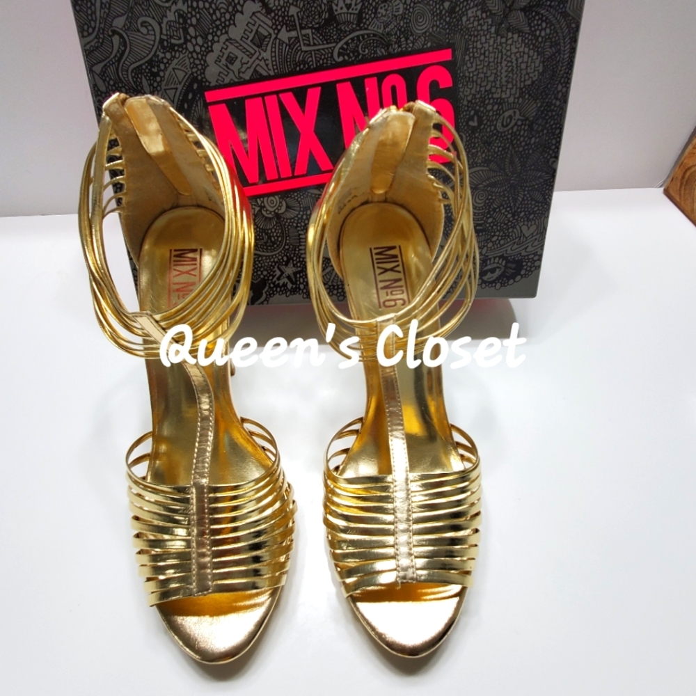 MIX No 6|M-JUROR Gold Leather Strappy Heels| Size:9
